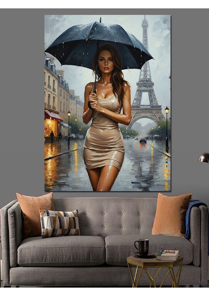 Yağmurda Şemsiyeli Kadın ve Eyfel Kulesi Dekoratif Kanvas - Mdf Ahşap Tablo