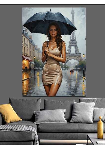 Yağmurda Şemsiyeli Kadın ve Eyfel Kulesi Dekoratif Kanvas - Mdf Ahşap Tablo indirimleri