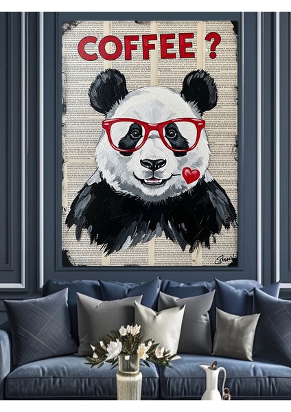 Panda Kahve Içme Resmi Dekoratif Kanvas - Mdf Ahşap Tablo