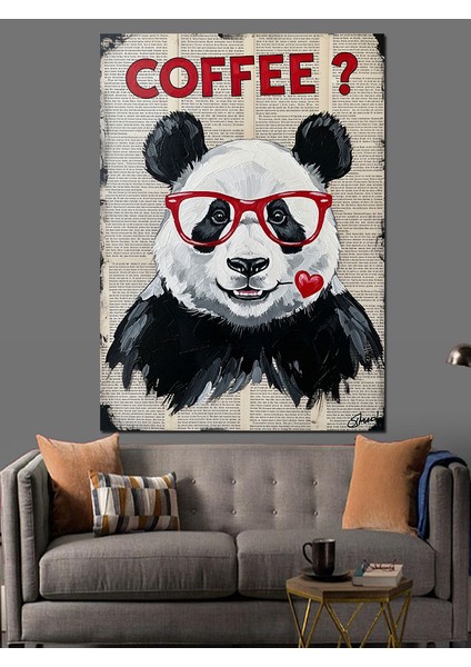 Panda Kahve Içme Resmi Dekoratif Kanvas - Mdf Ahşap Tablo fırsatları