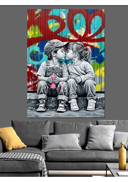 Ilk Aşk ve Duvar Grafiti Dekoratif Kanvas - Mdf Ahşap Tablo