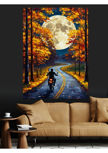 Dolunay Altında Motorsikletli Adam Dekoratif Kanvas - Mdf Ahşap Tablo