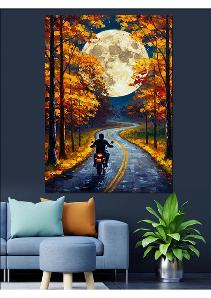 Dolunay Altında Motorsikletli Adam Dekoratif Kanvas - Mdf Ahşap Tablo fiyatları