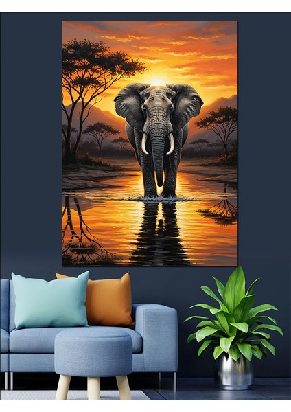 Güneş Batarken Fil Silüeti Dekoratif Kanvas - Mdf Ahşap Tablo