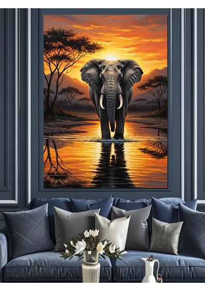 Güneş Batarken Fil Silüeti Dekoratif Kanvas - Mdf Ahşap Tablo fırsatları