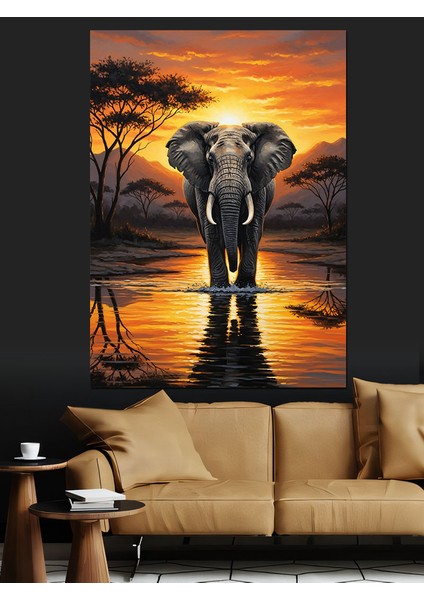 Güneş Batarken Fil Silüeti Dekoratif Kanvas - Mdf Ahşap Tablo indirimleri