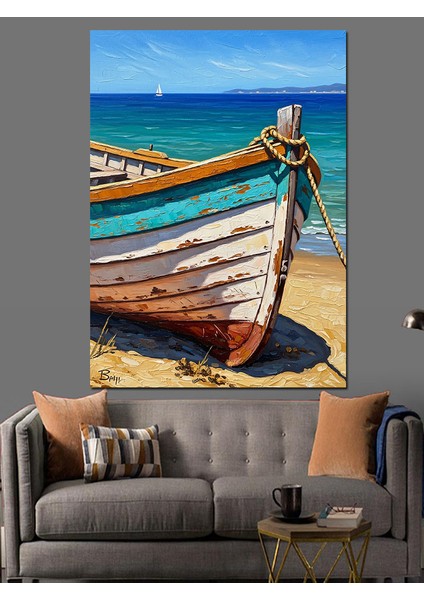 Kıyıya Vurmuş Balıkçı Teknesi Dekoratif Kanvas - Mdf Ahşap Tablo