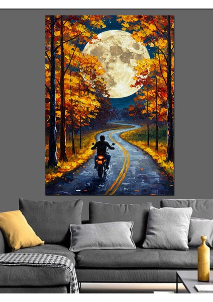 Dolunay Altında Motorsikletli Adam Dekoratif Kanvas - Mdf Ahşap Tablo fırsatları