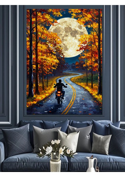 Dolunay Altında Motorsikletli Adam Dekoratif Kanvas - Mdf Ahşap Tablo indirimleri