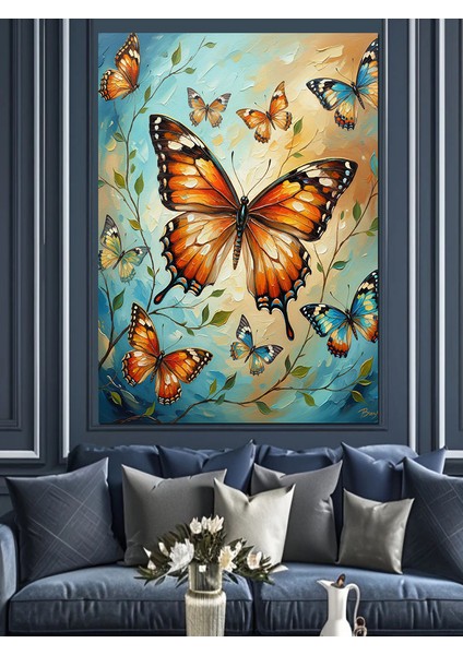 Uçan Turuncu Kelebek Sanatı Dekoratif Kanvas - Mdf Ahşap Tablo