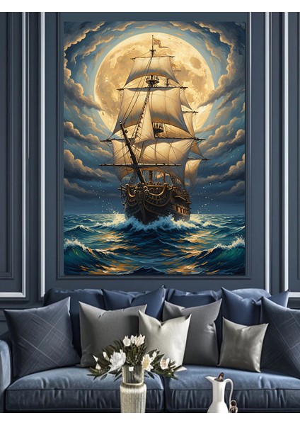 Dolunayda Yelkenli Gemi Dekoratif Kanvas - Mdf Ahşap Tablo