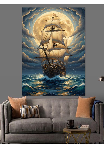 Dolunayda Yelkenli Gemi Dekoratif Kanvas - Mdf Ahşap Tablo fırsatları