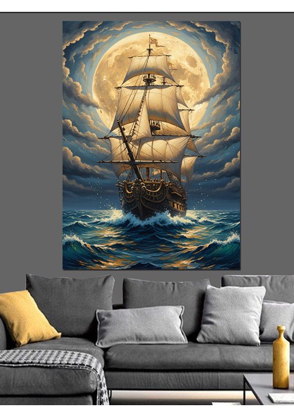 Dolunayda Yelkenli Gemi Dekoratif Kanvas - Mdf Ahşap Tablo indirimleri