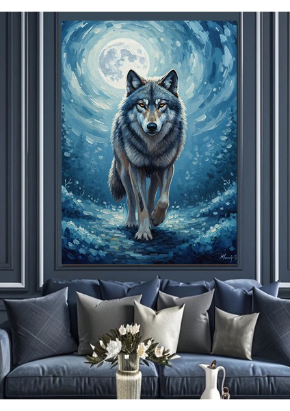 Mavi Gözlü Yalnız Kurt Dekoratif Kanvas - Mdf Ahşap Tablo