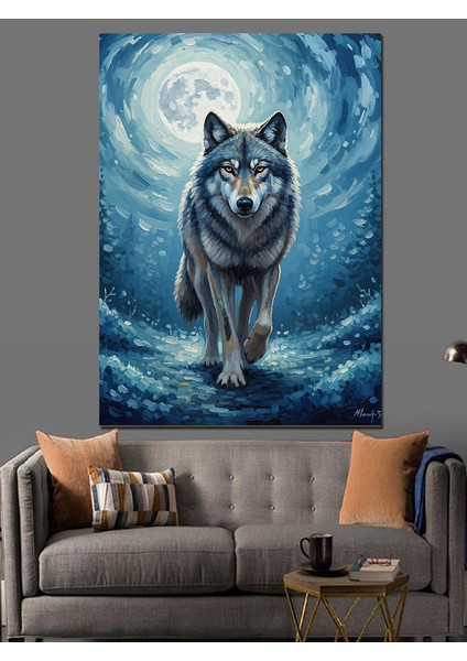 Mavi Gözlü Yalnız Kurt Dekoratif Kanvas - Mdf Ahşap Tablo fırsatları