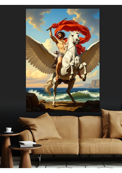 Kanatlı At Üzerinde Savaşçı Dekoratif Kanvas - Mdf Ahşap Tablo