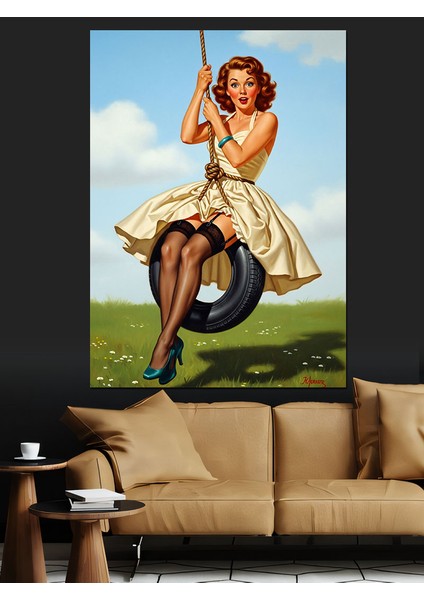 Lastik Salıncakta Oturan Pin-Up Kız Dekoratif Kanvas - Mdf Ahşap Tablo fiyatları