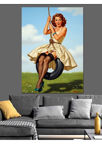 Lastik Salıncakta Oturan Pin-Up Kız Dekoratif Kanvas - Mdf Ahşap Tablo indirimleri
