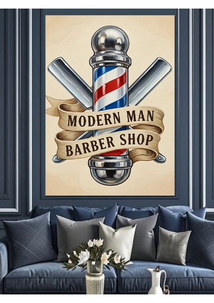 Modern Berber Dükkanı Posteri Dekoratif Kanvas - Mdf Ahşap Tablo