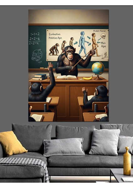 Maymunlar Insanın Gelişimi Dersi Dekoratif Kanvas - Mdf Ahşap Tablo