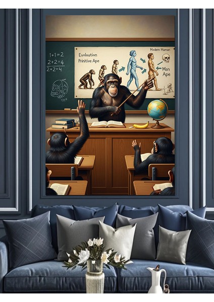 Maymunlar Insanın Gelişimi Dersi Dekoratif Kanvas - Mdf Ahşap Tablo fiyatları
