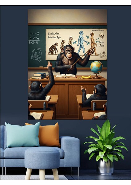 Maymunlar Insanın Gelişimi Dersi Dekoratif Kanvas - Mdf Ahşap Tablo fırsatları