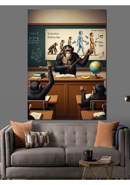 Maymunlar Insanın Gelişimi Dersi Dekoratif Kanvas - Mdf Ahşap Tablo indirimleri