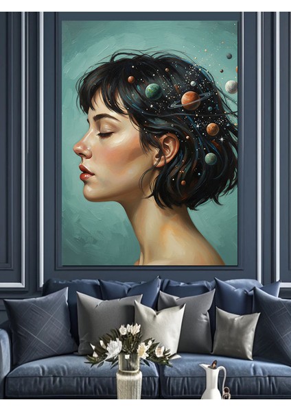 Kısa Saçlı Zarif Kadın ve Gezegenler Dekoratif Kanvas - Mdf Ahşap Tablo