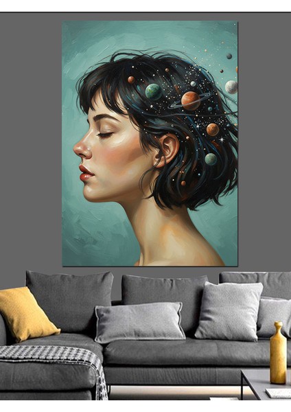 Kısa Saçlı Zarif Kadın ve Gezegenler Dekoratif Kanvas - Mdf Ahşap Tablo fiyatları