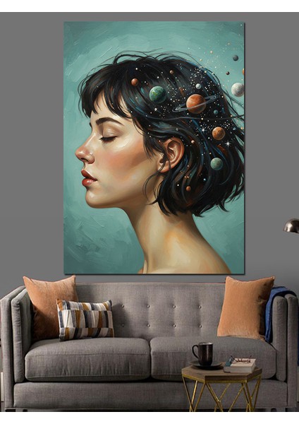 Kısa Saçlı Zarif Kadın ve Gezegenler Dekoratif Kanvas - Mdf Ahşap Tablo modelleri