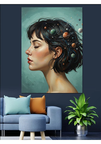 Kısa Saçlı Zarif Kadın ve Gezegenler Dekoratif Kanvas - Mdf Ahşap Tablo fırsatları