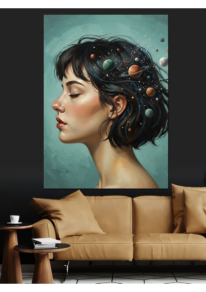 Kısa Saçlı Zarif Kadın ve Gezegenler Dekoratif Kanvas - Mdf Ahşap Tablo indirimleri
