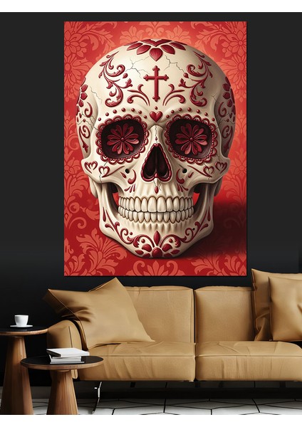 Meksika Kurukafası Kırmızı Beyaz Dekoratif Kanvas - Mdf Ahşap Tablo
