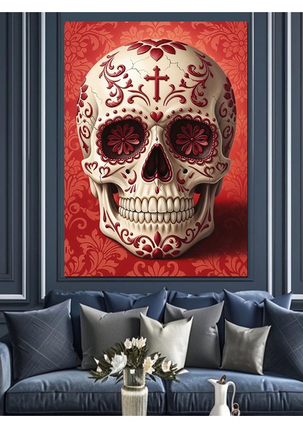 Meksika Kurukafası Kırmızı Beyaz Dekoratif Kanvas - Mdf Ahşap Tablo fiyatları