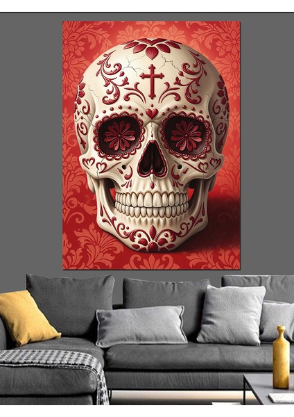 Meksika Kurukafası Kırmızı Beyaz Dekoratif Kanvas - Mdf Ahşap Tablo modelleri