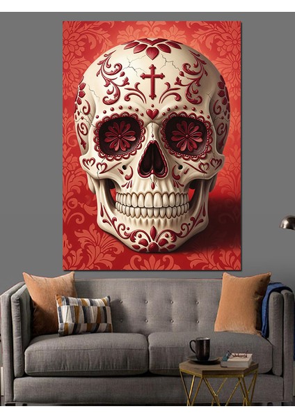 Meksika Kurukafası Kırmızı Beyaz Dekoratif Kanvas - Mdf Ahşap Tablo fırsatları