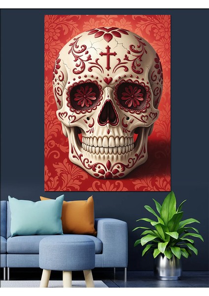 Meksika Kurukafası Kırmızı Beyaz Dekoratif Kanvas - Mdf Ahşap Tablo indirimleri
