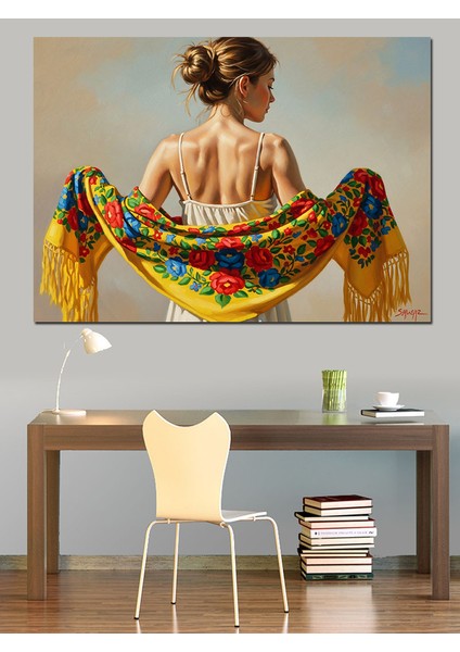 Arkasını Dönmüş Çiçekli Şallı Zarif Kadın Dekoratif Kanvas - Mdf Ahşap Tablo