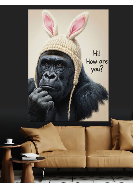 Tavşan Kulaklı Gorilla Komik Dekoratif Kanvas - Mdf Ahşap Tablo