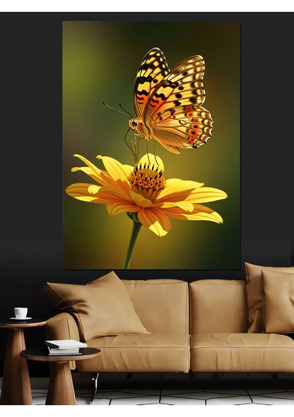 Kelebek Sarı Çiçek Parlak Dekoratif Kanvas - Mdf Ahşap Tablo