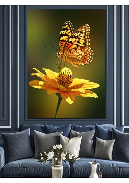 Kelebek Sarı Çiçek Parlak Dekoratif Kanvas - Mdf Ahşap Tablo fiyatları