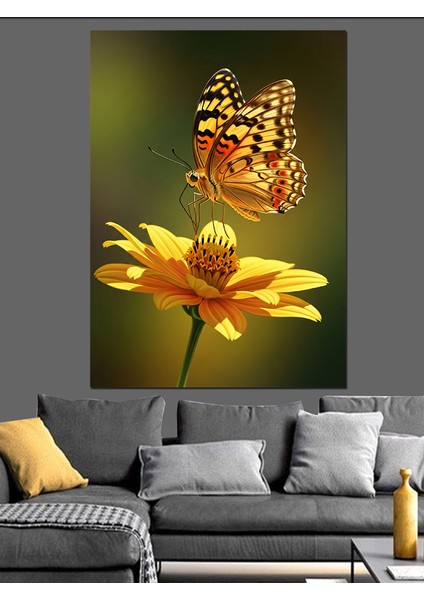 Kelebek Sarı Çiçek Parlak Dekoratif Kanvas - Mdf Ahşap Tablo modelleri