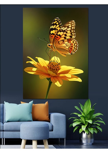 Kelebek Sarı Çiçek Parlak Dekoratif Kanvas - Mdf Ahşap Tablo indirimleri