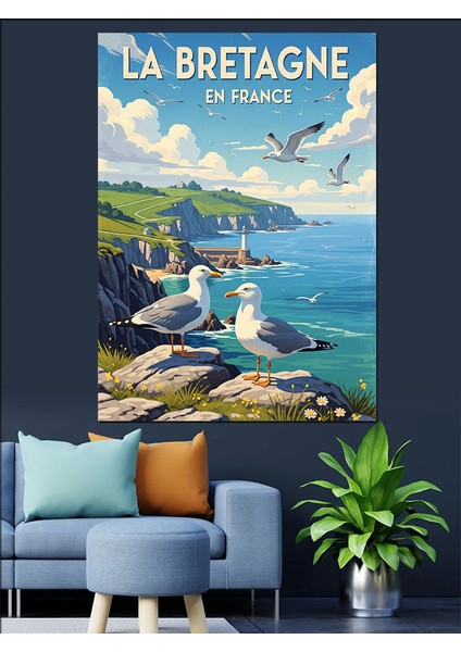 Fransa Kıyısında Deniz Feneri ve Martılar Dekoratif Kanvas - Mdf Ahşap Tablo