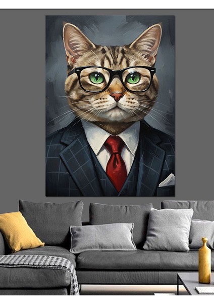 Kedi Iş Adamı Takım Elbise Dekoratif Kanvas - Mdf Ahşap Tablo