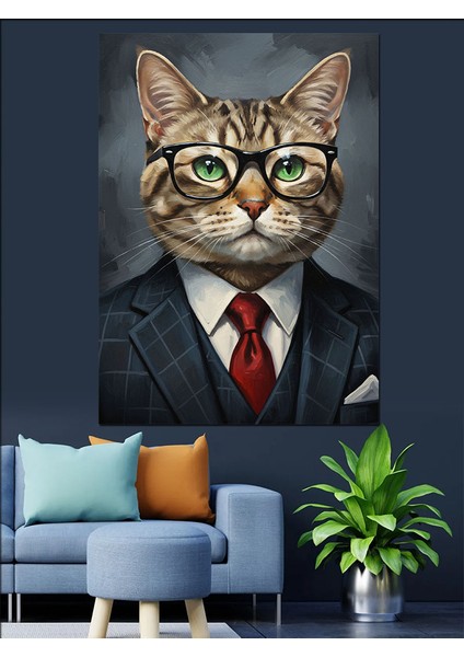 Kedi Iş Adamı Takım Elbise Dekoratif Kanvas - Mdf Ahşap Tablo fırsatları
