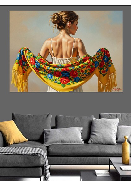 Arkasını Dönmüş Çiçekli Şallı Zarif Kadın Dekoratif Kanvas - Mdf Ahşap Tablo fiyatları