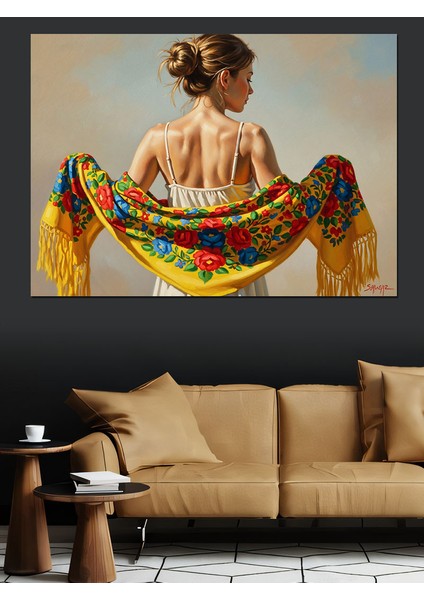 Arkasını Dönmüş Çiçekli Şallı Zarif Kadın Dekoratif Kanvas - Mdf Ahşap Tablo modelleri