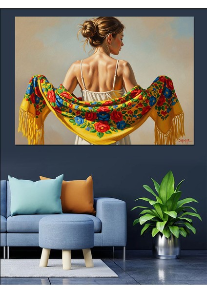 Arkasını Dönmüş Çiçekli Şallı Zarif Kadın Dekoratif Kanvas - Mdf Ahşap Tablo fırsatları