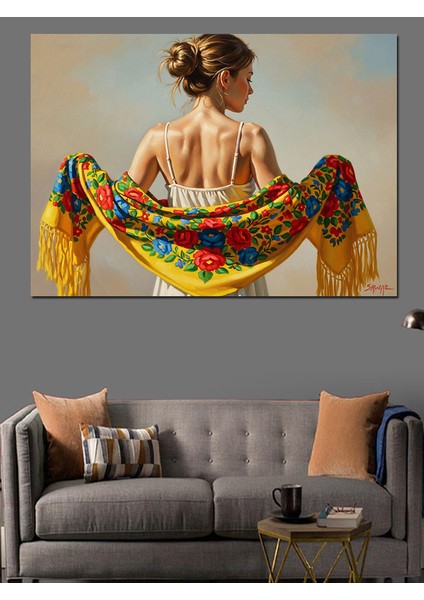 Arkasını Dönmüş Çiçekli Şallı Zarif Kadın Dekoratif Kanvas - Mdf Ahşap Tablo indirimleri